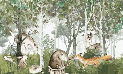 BABY FIABE NEL BOSCO | Carta da parati camerette con alberi e animali